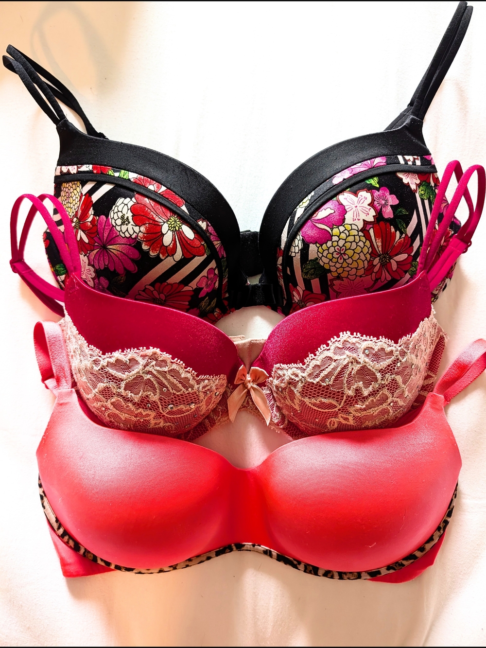 Victoria's Secret Pink, Black, Red Floral & Lace Push-Up Bras